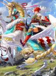  1girl armor boots cape company_connection copyright_name day elbow_gloves feather_trim fire_emblem fire_emblem_cipher fire_emblem_if gloves hinoka_(fire_emblem_if) horn horseback_riding japanese_clothes mayo_(becky2006) pegasus pegasus_knight petals red_eyes redhead riding short_hair sky smile thigh-highs thigh_boots thighs zettai_ryouiki 