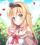  1girl bare_shoulders blonde_hair blue_eyes blush braid breasts cleavage crown cup dress eyebrows_visible_through_hair eyes_visible_through_hair flower french_braid holding holding_cup jewelry kantai_collection long_hair looking_at_viewer medium_breasts mini_crown murasakigo necklace outdoors plant saucer sky solo teacup warspite_(kantai_collection) white_dress 
