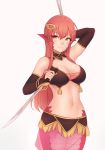  1girl arm_up armpits bangs bare_shoulders bikini_top blush breasts cleavage closed_mouth detached_collar detached_sleeves dual_wielding hair_ornament highres holding holding_sword holding_weapon kubo_(artist) lamia large_breasts long_hair looking_at_viewer medium_breasts miia_(monster_musume) monster_girl monster_musume_no_iru_nichijou navel pointy_ears redhead reverse_grip sarong scales sidelocks slit_pupils smile solo stomach sword weapon yellow_eyes 