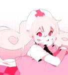  1girl 2rott_(peha) :o gradient gradient_background hat long_hair looking_at_viewer monochrome nurse nurse_cap open_mouth original pillow pink_hair red_eyes simple_background solo twintails wrist_cuffs 