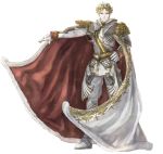  1boy armor blonde_hair cape full_body gloves hand_on_hip looking_at_viewer maximilian official_art outstretched_arm senjou_no_valkyria senjou_no_valkyria_1 short_hair solo transparent_background white_gloves 