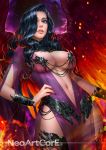  1girl artist_name black_hair breasts dress fire hair_over_one_eye hand_on_hip light_smile long_hair medium_breasts nail_polish navel nudtawut_thongmai parted_lips purple_dress solo thighs violet_eyes wings 
