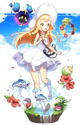  1girl :d bag bangs bare_arms blonde_hair blue_sky blunt_bangs blush bounsweet braid clouds collared_dress comfey cosmog dress duffel_bag fish flower green_eyes handbag hat hibiscus highres kneehighs lillie_(pokemon) long_hair open_mouth poke_ball_theme pokemon pokemon_(creature) pokemon_(game) pokemon_sm sky sleeveless sleeveless_dress smile solo sun_hat sundress ttaji_(pass35) twin_braids water white_dress white_hat white_legwear wishiwashi 