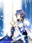  1boy armor blue_eyes blue_hair european_clothes feathers fire_emblem fire_emblem:_kakusei kokoron450 krom male_focus smile solo sword weapon 