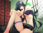  1girl angelo_(gomahangetsu) bare_shoulders black_hair blue_eyes blush breasts drawer grin hair_ornament highres kikkoumon large_breasts leg_garter leg_hug legs long_hair long_legs looking_at_viewer naughty_face navel parted_lips round_window sengoku_bushouki_muramasa sitting smile solo thighs window yakuin_zensou_(sengoku_bushouki_muramasa) 