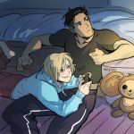  2boys barefoot black_hair blonde_hair brown_eyes controller english game_controller green_eyes grin hood hoodie lying male_focus miyuli multiple_boys on_stomach otabek_altin pants smile stuffed_animal stuffed_toy track_pants yuri!!!_on_ice yuri_plisetsky 