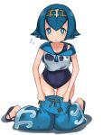  1girl blue_eyes blue_hair hairband kei_(soundcross) one-piece_swimsuit pokemon pokemon_(game) pokemon_sm sandals see-through short_hair simple_background solo suiren_(pokemon) swimsuit swimsuit_under_clothes trial_captain wet wet_clothes white_background 
