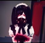  1girl aoi_ogata bangs black_hair black_ribbon censored covered_mouth eyelashes gas_mask glasses glowing glowing_eyes hands_up highres indoors long_hair looking_at_viewer maid maid_headdress mask mosaic_censoring original puffy_short_sleeves puffy_sleeves red_eyes ribbon shirt short_sleeves solo twintails upper_body watermark web_address 