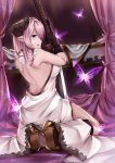  1girl :d armpits back bed black_gloves blue_eyes boots breasts butterfly canopy_bed doraf dress from_behind full_body gloves granblue_fantasy hair_over_one_eye high_heel_boots high_heels highres holding holding_sword holding_weapon horns huge_weapon katana kneeling lavender_hair long_hair looking_at_viewer looking_back narumeia_(granblue_fantasy) open-back_dress open_mouth pak_ce pointy_ears sideboob smile solo sword weapon white_dress 