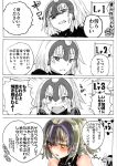  3girls 4koma absurdres araido_kagiri armor armored_dress blonde_hair comic fate/apocrypha fate/grand_order fate_(series) gauntlets headpiece highres jeanne_alter jeanne_alter_(santa_lily)_(fate) long_hair monochrome multiple_girls open_mouth ruler_(fate/apocrypha) yellow_eyes 