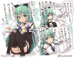  1boy 1girl admiral_(kantai_collection) bare_shoulders blush character_name comic detached_sleeves flying_sweatdrops green_eyes green_hair green_panties hair_ribbon hands_on_another&#039;s_shoulders kantai_collection long_hair looking_away panties pantyshot ribbon sailor_collar sitting suzuki_toto thigh-highs translation_request twitter_username underwear white_background yamakaze_(kantai_collection) 