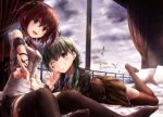  2girls :d ;d armband bare_shoulders bed bird black_legwear black_skirt blush bow bowtie breasts brown_hair brown_legwear character_sheet chin_rest clouds foreshortening green_eyes green_hair grin hair_bobbles hair_ornament hairclip kantai_collection kurumi_(suien) long_hair looking_at_viewer lying multiple_girls on_stomach one_eye_closed open_mouth original pillow pointing pointing_at_viewer red_bow red_bowtie road_sign school_uniform seagull shirt short_hair shoulder_pads sign sitting skirt sky sleeveless sleeveless_shirt small_breasts smile suien sunlight suzuya_(kantai_collection) teeth thigh-highs thighs tongue two_side_up white_shirt window zettai_ryouiki 