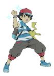  1boy backpack bag baseball_cap black_hair brown_eyes capri_pants carrying_under_arm hat khunpol male_focus pants pikachu pokemon pokemon_(anime) pokemon_(creature) pokemon_(game) pokemon_sm pokemon_sm_(anime) satoshi_(pokemon) shirt shoes simple_background sneakers sparkle striped striped_shirt t-shirt white_background wide_stance z-ring 