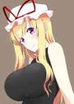  1girl alternate_costume bare_shoulders black_shirt blonde_hair breasts commentary_request eyebrows_visible_through_hair from_below hat impossible_clothes large_breasts lips long_hair mattari_yufi mob_cap shirt sleeveless sleeveless_shirt smile touhou upper_body violet_eyes wavy_hair yakumo_yukari 
