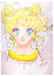  1girl bare_shoulders bishoujo_senshi_sailor_moon blonde_hair border crescent double_bun dress earrings facial_mark forehead_mark foreshortening from_above hair_ornament jewelry long_hair open_mouth perspective princess_serenity reflective_eyes sky solo strapless strapless_dress twintails white_dress yukinami_(paru26i) 