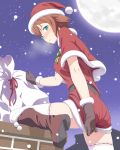  1girl aqua_eyes blush boots bow bowtie brown_boots brown_gloves brown_hair capelet chimney christmas commentary_request covering covering_ass dress embarrassed fur-trimmed_gloves gloves hat highres looking_at_viewer moon night night_sky original red_dress red_hat sack santa_costume santa_hat sky snowing solo star_(sky) starry_sky striped striped_bow striped_bowtie thigh-highs uma_(uma1111) white_legwear zettai_ryouiki 