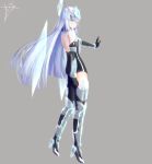  1girl alien aqua_eyes armor atheon bangs bare_shoulders black_gloves blue_eyes blunt_bangs blush breastplate clenched_hand crystal destiny_(game) elbow_gloves eyebrows_visible_through_hair from_side full_body genderswap gloves greaves grey_background headgear high_heels highres hologram kuroda_kuwa long_hair looking_at_viewer looking_to_the_side outstretched_arm parted_lips personification shoulder_pads side_slit signature silver_hair simple_background skin_tight solo source_request thigh-highs transparent vambraces very_long_hair 