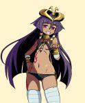  1girl bandage bangs beckoning beige_background blunt_bangs bracelet breasts cowboy_shot crown dark_skin egyptian gluteal_fold gold grin hair_ornament hair_tubes hand_on_hip jewelry long_hair looking_at_viewer monster_girl_encyclopedia nav navel pharaoh_(monster_girl_encyclopedia) pink_eyes purple_hair simple_background small_breasts smile solo tattoo teeth very_long_hair wide_hips younger 