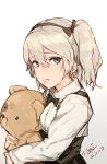  1girl blue_eyes girls_und_panzer highres hiranko looking_at_viewer shimada_arisu silver_hair solo stuffed_animal stuffed_toy teddy_bear twintails 