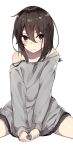  1girl bangs bare_shoulders between_legs blush brown_hair clenched_hands closed_mouth frown grey_sweater hair_between_eyes hand_between_legs highres long_hair long_sleeves looking_at_viewer messy_hair off-shoulder_sweater off_shoulder original pleated_skirt seki_(l0410706268) simple_background sitting skirt solo strap_slip sweater v_arms violet_eyes white_background 