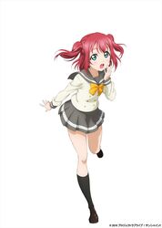  1girl aqua_eyes blush copyright_name detached_sleeves full_body kurosawa_ruby long_sleeves looking_at_viewer love_live! love_live!_sunshine!! official_art open_mouth pleated_skirt redhead ribbon school_uniform serafuku short_twintails simple_background skirt twintails white_background 