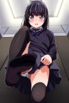  1girl ass black_eyes black_hair black_legwear blush feet from_below highres long_hair looking_at_viewer matsunaga_kouyou no_shoes original panties pantyshot pov_feet school_uniform soles solo thigh-highs toes underwear upskirt white_panties 