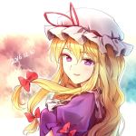  1girl blonde_hair blush bow dated from_side hair_bow hat hat_ribbon long_hair looking_at_viewer looking_to_the_side minust mob_cap parted_lips puffy_short_sleeves puffy_sleeves red_bow red_ribbon ribbon short_sleeves sidelocks smile solo touhou upper_body violet_eyes yakumo_yukari 
