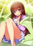  1girl blue_eyes brown_hair collarbone cup eyebrows_visible_through_hair frilled_skirt frills highres holding holding_cup long_hair nerv110 original shiny shiny_skin sitting skirt solo 