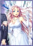  1boy 1girl blue_eyes breasts cleavage copyright_name dress earrings elbow_gloves formal gloves holding jewelry juliana_eberhardt large_breasts long_hair lowres open_mouth pink_hair senjou_no_valkyria senjou_no_valkyria_2 suit wedding_dress white_dress white_gloves yamyom zeri 