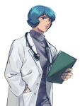  1boy blue_eyes blue_hair coat cowboy_shot doctor gundam gundam_uc_0099:_moon_crisis hand_in_pocket high_collar highres holding kamille_bidan kogetoriten_999 lab_coat lapels long_sleeves looking_ahead male_focus notched_lapels open_clothes open_coat parted_lips purple_shirt shirt short_hair simple_background solo stethoscope white_background white_coat 