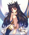  1girl anklet bare_shoulders barefoot black_hair convenient_leg earrings fate/grand_order fate_(series) feet highres ishtar_(fate/grand_order) jewelry kaina_(tsubasakuronikuru) long_hair looking_at_viewer red_eyes single_thighhigh smile solo thigh-highs toes tohsaka_rin toosaka_rin two_side_up 