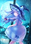  1girl blue_bow blush bow cosplay full_moon hair_bow hat kirisame_marisa kirisame_marisa_(cosplay) lake long_hair looking_at_viewer looking_back moon mountain open_mouth patchouli_knowledge pokachu purple_hair red_bow see-through_silhouette smile solo touhou violet_eyes witch_hat 