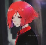  1girl absurdres aoi_ogata artist_name bangs black_jacket blurry_background bob_cut eyebrows_visible_through_hair eyelashes eyes_visible_through_hair from_side highres jacket looking_at_viewer open_mouth original parted_bangs parted_lips red_eyes redhead short_hair solo upper_body 
