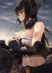  1girl aira_(qwedcxza49) bare_shoulders black_gloves black_hair breasts cleavage clouds cloudy_sky collar crop_top damaged elbow_gloves fingerless_gloves gloves headgear highres interlocked_fingers kantai_collection large_breasts leaning_on_object long_hair nagato_(kantai_collection) navel red_eyes sky smile smirk solo torn_clothes upper_body 