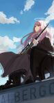  1girl absurdres arknights black_jacket blanket blue_sky blunt_ends clouds collared_shirt commentary full_body gun halo highres holding holding_gun holding_weapon jacket lemuen_(arknights) long_hair long_sleeves looking_at_viewer looking_up nanase_(nanase_cg) pink_hair red_eyes rifle rooftop scope shirt sitting sky smile solo weapon wheelchair white_shirt 