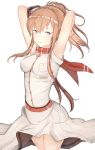  1girl arms_up blue_eyes breast_pocket breasts brown_hair dress dress_lift guanhian hair_between_eyes highres kantai_collection long_hair looking_at_viewer medium_breasts ponytail red_ascot red_neckerchief saratoga_(kantai_collection) side_ponytail standing white_dress wind wind_lift 