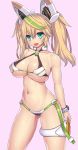  1girl :d aqua_eyes asamura_hiori bare_shoulders blonde_hair bracelet breasts collarbone contrapposto fang gene_(pso2) hair_between_eyes highres jewelry large_breasts long_hair looking_at_viewer multicolored_hair navel open_mouth phantasy_star phantasy_star_online_2 pink_background revision simple_background skindentation smile solo streaked_hair twintails 