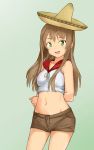  1girl arm_behind_back brown_hair cowboy_shot girl green_background green_eyes happy hat highres long_hair looking_at_viewer mexican midriff open_mouth original shorts simple_background solo sombrero tobal13 