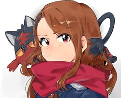  &gt;:/ 1girl bangs black_coat brown_hair coat creature_on_shoulder enpera eyebrows_visible_through_hair eyes_visible_through_hair face from_side idolmaster litten_(pokemon) long_hair minase_iori parted_bangs pokemon pokemon_(creature) pokemon_(game) pokemon_sm portrait red_eyes red_scarf scarf shiny shiny_hair tuxedo_de_cat 