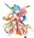  1girl blue_hair full_body high_ponytail holding holding_sword holding_weapon kaguya_(sennen_sensou_aigis) katana katou_itsuwa long_hair long_sleeves looking_at_viewer o-ring official_art open_mouth platform_footwear pointy_ears round_teeth sandals sennen_sensou_aigis sidelocks solo sword teeth thick_eyebrows thigh-highs transparent_background very_long_hair weapon 