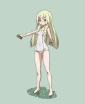  1girl bangs bare_legs barefoot blonde_hair blunt_bangs blush braid covered_navel full-face_blush full_body green_eyes holding lillie_(pokemon) long_hair looking_at_viewer one-piece_swimsuit pokemon pokemon_(anime) pokemon_sm_(anime) rohitsuka smile solo swimsuit twin_braids wet white_swimsuit 