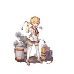  1girl alternate_costume animal_ears armband blonde_hair bottle bracelet breasts broken bucket buttons double-breasted fake_animal_ears full_body graf_spee_(zhan_jian_shao_nyu) hair_between_eyes hair_ornament hairclip hand_on_hip holding iron_cross jewelry ladle legs_apart lino-lin looking_at_viewer luggage machinery official_art one_eye_closed open_mouth pleated_skirt red_eyes searchlight short_hair short_sleeves skirt small_breasts smoke solo standing table thigh-highs torn_clothes transparent_background vest white_legwear white_vest wine_bottle zettai_ryouiki zhan_jian_shao_nyu 