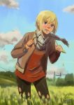 1girl 2016 alternate_costume blonde_hair blue_eyes blurry casual clouds dated day depth_of_field erica_hartmann field grass grin highres jacket kanokoga leaning_forward looking_at_viewer mouth_hold pants power_lines scarf short_hair signature sketch sky smile solo strike_witches winter_clothes world_witches_series 