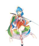  1girl blue_hair full_body high_ponytail holding holding_sword holding_weapon kaguya_(sennen_sensou_aigis) katana katou_itsuwa leg_up long_hair long_sleeves looking_at_viewer o-ring official_art open_mouth platform_footwear pointy_ears round_teeth sandals sennen_sensou_aigis sidelocks solo sword teeth thick_eyebrows thigh-highs transparent_background very_long_hair weapon white_legwear wide_sleeves 