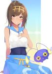  1girl blue_pants blush brown_eyes brown_hair chinchou cosplay covered_navel grin hairband hand_on_own_chest headband highres i-401_(kantai_collection) kantai_collection looking_at_viewer nezumi_doshi one-piece_swimsuit pants parted_lips pokemon pokemon_(creature) pokemon_(game) pokemon_sm sailor_collar shirt short_ponytail sleeveless sleeveless_shirt smile suiren_(pokemon) suiren_(pokemon)_(cosplay) swimsuit swimsuit_under_clothes 