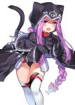 1girl animal_hood armor bent_over black_legwear blush braid cape capelet cat_tail collar fang fate/grand_order fate_(series) gendo0033 hood leaning_forward leaning_to_the_side leotard medusa_(lancer)_(fate) open_mouth ponytail purple_hair rider simple_background solo tail thigh-highs thigh_gap violet_eyes white_background 
