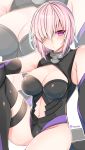  1girl bare_shoulders black_legwear breasts cleavage elbow_gloves fate/grand_order fate_(series) gloves hair_over_one_eye highres looking_at_viewer purple_hair shielder_(fate/grand_order) shisei_(kyuushoku_banchou) short_hair sitting solo thigh-highs twitter_username violet_eyes zoom_layer 