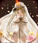  1girl absurdres bow braid bridal_veil brown_hair chains elbow_gloves flower garter_straps gloves highres keyhole leotard lock long_hair mahou_shoujo_ikusei_keikaku padlock padlocked_collar ribbon symbol-shaped_pupils veil wedin_(mahoiku) white_gloves white_legwear yellow_eyes yunare 