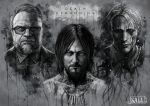  3boys absurdres beard death_stranding facial_hair glasses guillermo_del_toro highres mads_mikkelsen male_focus monochrome multiple_boys norman_reedus surgical_scar thugkali title upper_body 