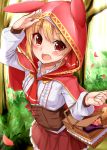  1girl :d alternate_costume blonde_hair blush bottle bread capelet cosplay cowboy_shot day fang food forest grass hair_ribbon highres hood little_red_riding_hood little_red_riding_hood_(cosplay) little_red_riding_hood_(grimm) long_sleeves nature open_mouth outdoors petals picnic_basket pleated_skirt red_eyes red_skirt ribbon rumia shading_eyes shiron_(e1na1e2lu2ne3ru3) short_hair skirt smile solo touhou underbust wine_bottle 